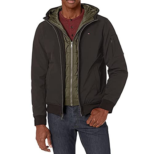 Tommy Hilfiger Herren Softshell-Bomber mit Kontrast-Lätzchen und Kapuze - Schwarz - XX-Large von Tommy Hilfiger