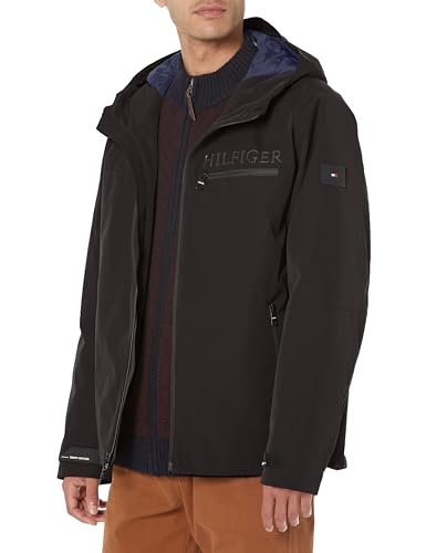 Tommy Hilfiger Herren Softshell Hoodie mit Reißverschluss Brusttasche Jacke, Schwarz, XXL von Tommy Hilfiger