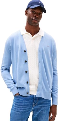 Tommy Hilfiger Herren Strickjacke Cardigan Essential Cotton mit Knopfleiste, Blau (Brisk Blue), XXL von Tommy Hilfiger