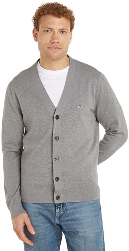 Tommy Hilfiger Herren Strickjacke Cardigan Essential Cotton mit Knopfleiste, Grau (Medium Grey Heather), S von Tommy Hilfiger