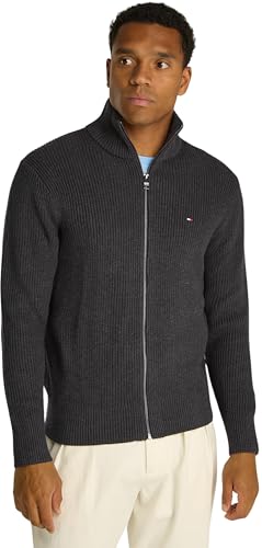 Tommy Hilfiger Herren Strickjacke Cardigan mit Reißverschluss Rib Zip Through Baumwolle, Grau (Dark Grey Heather), S von Tommy Hilfiger
