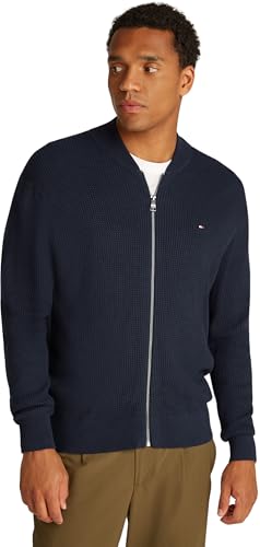 Tommy Hilfiger Herren Strickjacke Cardigan mit Reißverschluss Structure Baseball Zip Through ohne Kapuze, Blau (Desert Sky), XXL von Tommy Hilfiger