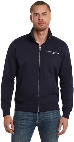 Tommy Hilfiger Herren Strickjacke Cardigan mit Reißverschluss Tommy Logo Zip Thru Stand Collar ohne Kapuze, Blau (Desert Sky), L von Tommy Hilfiger