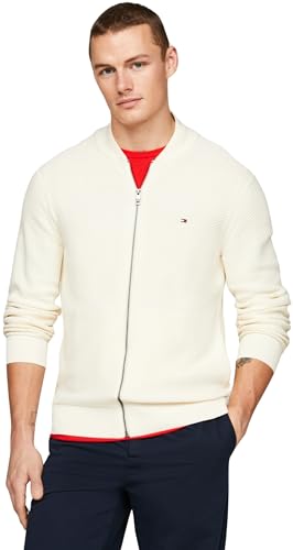 Tommy Hilfiger Herren Strickjacke Cardigan mit Reißverschluss Zipper, Weiß (Calico), S von Tommy Hilfiger