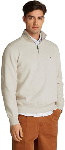 Tommy Hilfiger Herren Sweatshirt mit Reißverschluss Essential Fleece 1/4 Zip Troyer Kragen, Beige (Heathered Oatmilk), XS von Tommy Hilfiger