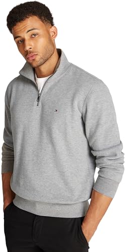 Tommy Hilfiger Herren Sweatshirt mit Reißverschluss Essential Fleece 1/4 Zip Troyer Kragen, Grau (Medium Grey Heather), S von Tommy Hilfiger