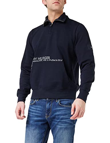 Tommy Hilfiger Herren Sweatshirt mit Reißverschluss Zipper Badged Graphic Zip Mock Halber Zipper, Blau (Desert Sky), L von Tommy Hilfiger