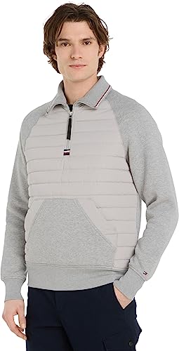 Tommy Hilfiger Herren Sweatshirt mit Reißverschluss Zipper Halber Zipper, Grau (Light Grey Heather), L von Tommy Hilfiger