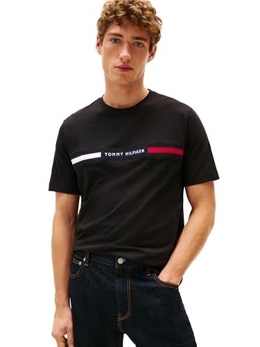 Tommy Hilfiger Herren-T-Shirt, kurzärmelig, Baumwolle, Grafik, mit Logo-Designs auf der Brust, Schwarz, L von Tommy Hilfiger