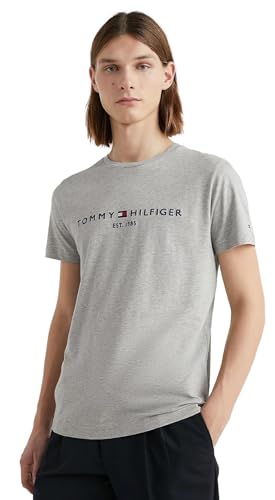 Tommy Hilfiger Herren-T-Shirt, normale Passform, gesticktes Tommy-Logo, Rundhalsausschnitt, T-Shirt Kollektion 2024, Größe L, Weiß, Mittel von TOMMY HILFIGER