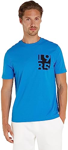 Tommy Hilfiger Herren T-Shirt Kurzarm Chest Print Rundhalsausschnitt, Blau (Cerulean Aqua), XS von Tommy Hilfiger