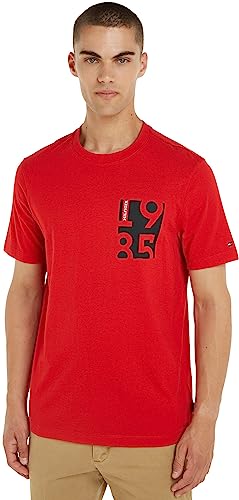 Tommy Hilfiger Herren T-Shirt Kurzarm Chest Print Rundhalsausschnitt, Rot (Primary Red), L von Tommy Hilfiger