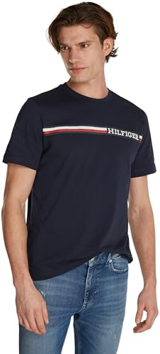 Tommy Hilfiger Herren T-Shirt Kurzarm Chest Stripe Rundhalsausschnitt, Blau (Desert Sky), XS von Tommy Hilfiger