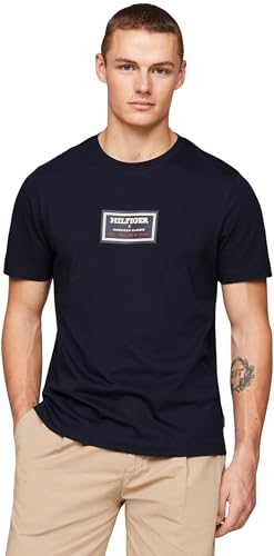 Tommy Hilfiger Herren T-Shirt Kurzarm Label Print Rundhalsausschnitt, Blau (Desert Sky), XS von Tommy Hilfiger