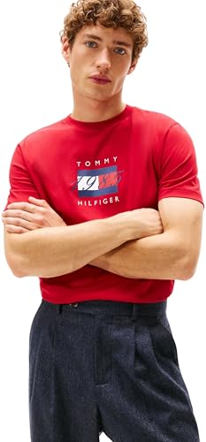 Tommy Hilfiger Herren T-Shirt Kurzarm Linear Flag Graphic Regular Fit, Rot (Medium Red), L von Tommy Hilfiger