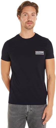 Tommy Hilfiger Herren T-Shirt Kurzarm Printed Badge Rundhalsausschnitt, Blau (Desert Sky), XS von Tommy Hilfiger