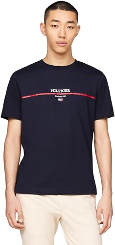 Tommy Hilfiger Herren T-Shirt Kurzarm Stripe Rundhalsausschnitt, Blau (Desert Sky), XS von Tommy Hilfiger