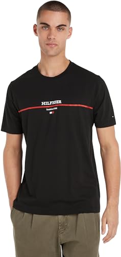 Tommy Hilfiger Herren T-Shirt Kurzarm Stripe Rundhalsausschnitt, Schwarz (Black), XS von Tommy Hilfiger