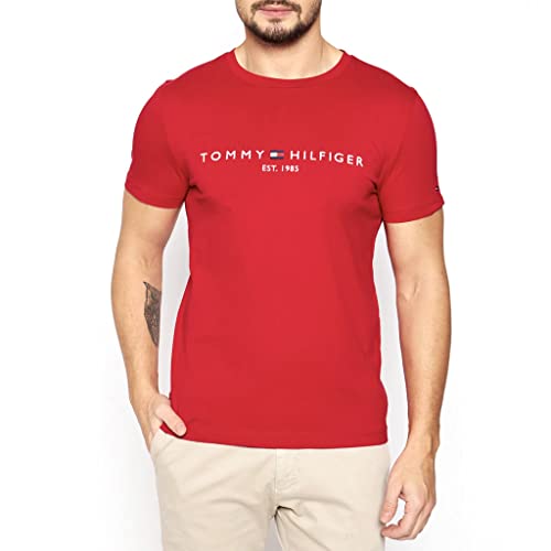Tommy Hilfiger Herren T-Shirt Kurzarm Tommy Logo Rundhalsausschnitt, Rot (Primary Red), S von Tommy Hilfiger