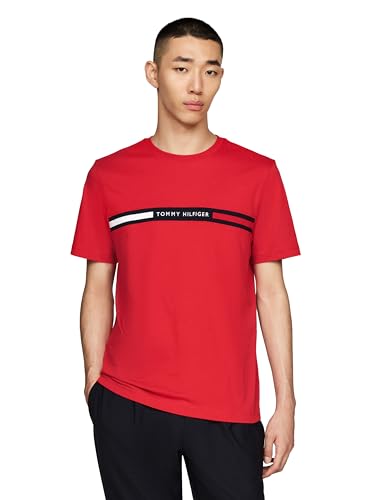 Tommy Hilfiger Herren-T-Shirts, kurzärmelig, Baumwolle, grafisches Design, mit charakteristischem Streifen-Logo, auch erhältlich in Big & Tall, Mittelrot, 5XL Groß Tall von Tommy Hilfiger