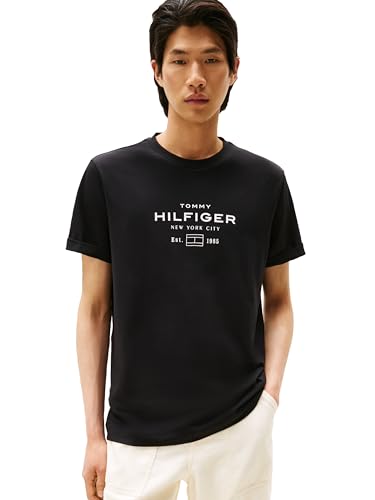 Tommy Hilfiger Herren-T-Shirts, kurzärmelig, Baumwolle, mit gestapeltem Logo-Design, Schwarz, XX-Large von Tommy Hilfiger