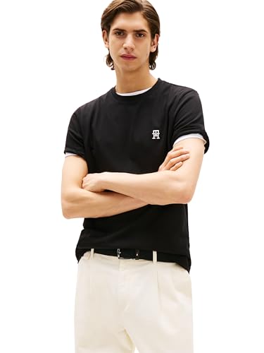 Tommy Hilfiger Herren-T-Shirts, kurzärmelig, Baumwolle, mit gesticktem Monogramm-Logo, Black, L von Tommy Hilfiger