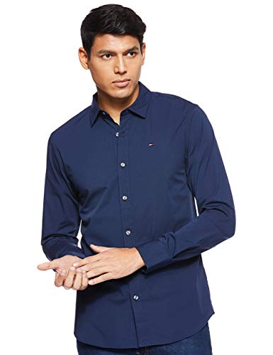 Tommy Jeans Herren Hemd Original Stretch Shirt Langarm, Blau (Black Iris), XXS von Tommy Jeans