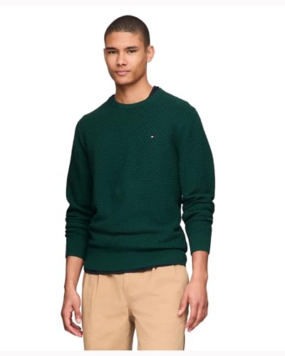 Tommy Hilfiger Herren Textured Waffle Knit Crewneck Sweater Lightweight, Available in Big & Tall Pullover, Ornamental Green Heather, X-Klein von Tommy Hilfiger