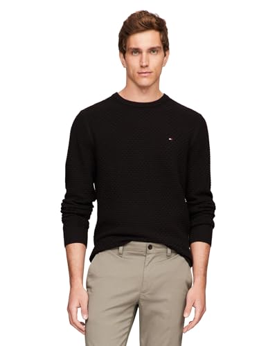 Tommy Hilfiger Herren Textured Waffle Knit Crewneck Sweater Lightweight, Available in Big & Tall Pullover, Schwarz, XX-Large von Tommy Hilfiger