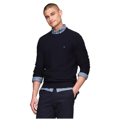 Tommy Hilfiger Herren Textured Waffle Knit Crewneck Sweater Lightweight, Available in Big & Tall Pullover, Wüstenhimmel, X-Klein von Tommy Hilfiger
