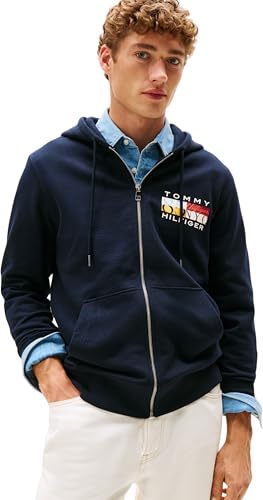 Tommy Hilfiger Herren Hoodie mit Reißverschluss Colour Flag Zip Through mit Logo, Blau (Desert Sky), XL von Tommy Hilfiger