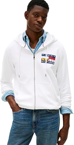 Tommy Hilfiger Herren Hoodie mit Reißverschluss Colour Flag Zip Through mit Logo, Weiß (White), M von Tommy Hilfiger