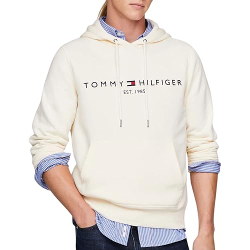 Tommy Hilfiger Herren Hoodie Tommy Logo mit Kapuze, Weiß (Calico), S von Tommy Hilfiger