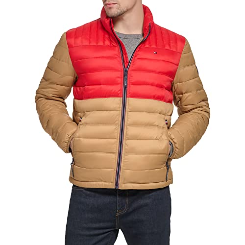 Tommy Hilfiger Herren Ultra Loft Lightweight Packable Puffer Jacket (Standard und Big & Tall) Daunenalternativer Mantel, Khaki/Rot Combo, L von Tommy Hilfiger