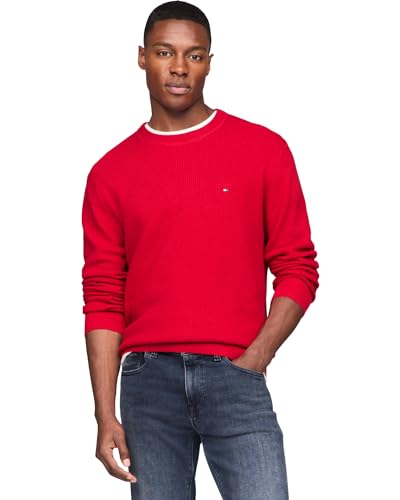 Tommy Hilfiger Herren Waffle Knit Crewneck Sweater Lightweight, Available in Big & Tall Pullover, Primärrot, L von Tommy Hilfiger