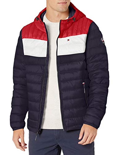 Tommy Hilfiger Herren Water Resistant Ultra Loft Filled Hooded Puffer Jacket Daunenalternativer Mantel, Midnight/Ice/Red Flag Colorblock, L von Tommy Hilfiger