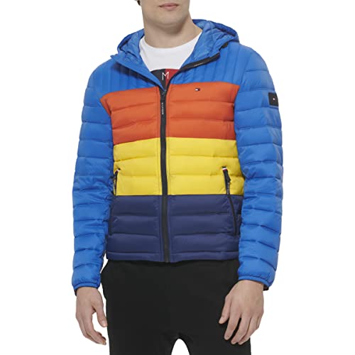 Tommy Hilfiger Herren Water Resistant Ultra Loft Filled Hooded Puffer Jacket Daunenalternativer Mantel, Blauer Farbblock, L von Tommy Hilfiger