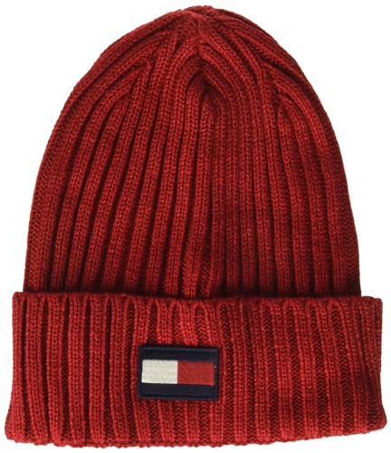 Tommy Hilfiger Herren Gerippten Bündchen Beanie-Mütze, Aufnäher mit roter Flagge, Einheitsgröße von Tommy Hilfiger