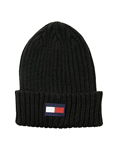 Tommy Hilfiger Herren gerippten Bündchen Beanie-Mütze, Aufnäher mit schwarzer Flagge, Einheitsgröße von Tommy Hilfiger