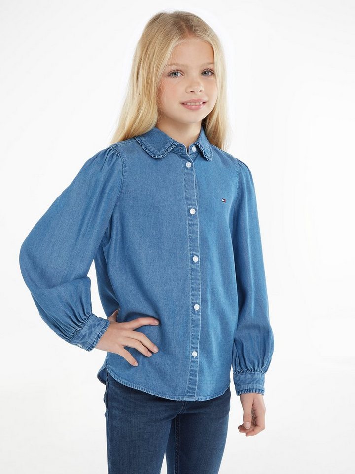 Tommy Hilfiger Jeansbluse TENCEL RUFFLE COLLAR SHIRT Kinder Kids Junior MiniMe,mit Logo-Flag auf der Brust von Tommy Hilfiger