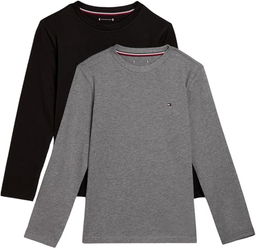 Tommy Hilfiger Jungen 2er Pack Langarmshirts aus Baumwolle, Mehrfarbig (Medium Grey Ht/Black), 6-7 Jahre von Tommy Hilfiger