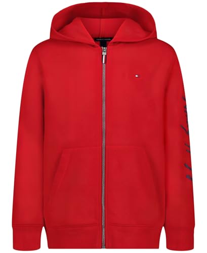 Tommy Hilfiger Jungen Langärmeliger Fleece-Hoodie mit Durchgehendem Reißverschluss und Vordertaschen Kapuzenpullover, Signature Tommy Red, 14-16 von Tommy Hilfiger