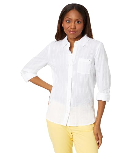 Tommy Hilfiger Kariertes Lurex-Shirt für Damen mit Knopfleiste, Weiss/opulenter Garten, Groß von Tommy Hilfiger