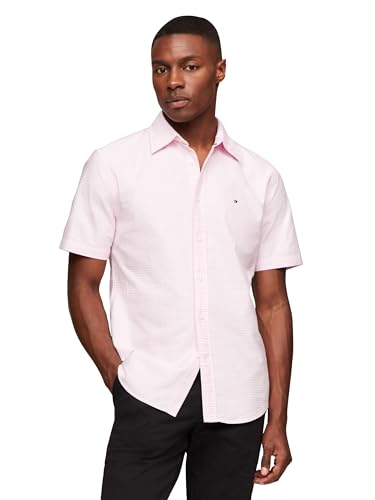 Tommy Hilfiger Kurzärmeliges Oxford-Hemd mit normaler Passform für Herren mit Knopfleiste, Klassisches Rosa/Karomuster, L von Tommy Hilfiger