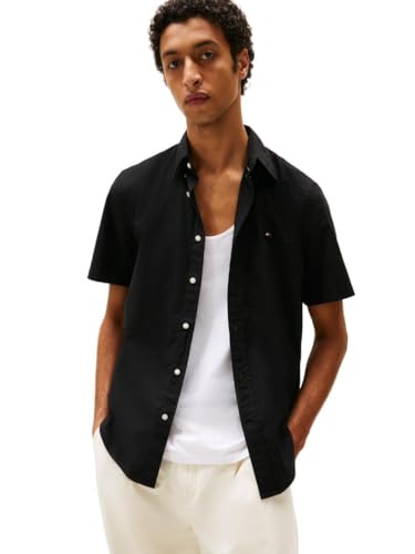 Tommy Hilfiger Kurzarm-Popeline-Hemd, normale Passform, Herrenhemden mit Knopfleiste, Schwarz, XL von Tommy Hilfiger