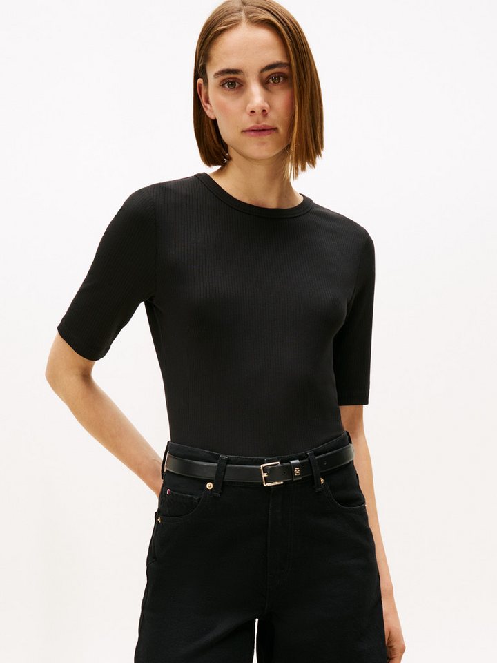 Tommy Hilfiger Kurzarmshirt SLIM 5X2 RIB C-NK 1/2 SLV mit Rundhals und Rippstruktur unifarben, casual, slim fit, Viskosemix, Rundhals von Tommy Hilfiger