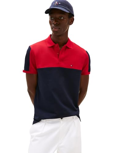 Tommy Hilfiger Lässiges Herren-Poloshirt mit kurzen Ärmeln in normaler Passform mit Stretch- und Colorblock-Design, Wüstenhimmel, L von Tommy Hilfiger