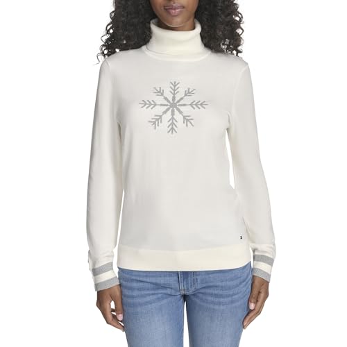 Tommy Hilfiger Langärmeliger Rollkragenpullover für Damen, Baumwolle, leicht, Elfenbeinfarbene Schneeflocke, Groß von Tommy Hilfiger