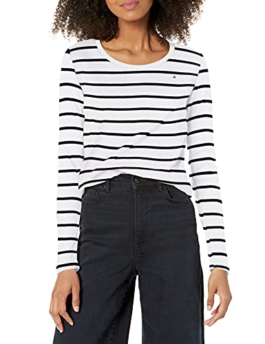 Tommy Hilfiger Langärmeliges Damen-T-Shirt mit U-Ausschnitt, Hellweiß/Sky Captain Stripe, Klein von Tommy Hilfiger