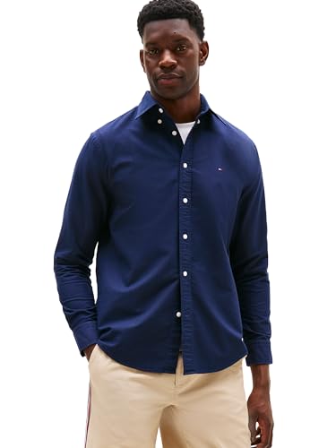 Tommy Hilfiger Langärmeliges Oxford-Hemd, Normale Passform, Herrenhemden, Button-Down-Shirts, auch erhältlich in Big und Tall, Preppy Navy/Desert Sky Solid, L von Tommy Hilfiger